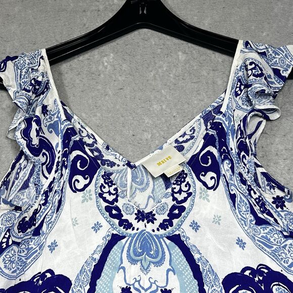 Anthropologie By Maeve Blouse Womens Sz 10 Clana Blue Motif Flutter Sleeve Top - Picture 2 of 10